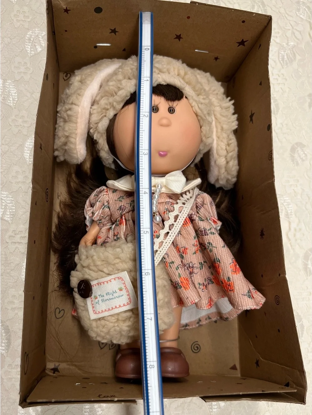 New, Mia Potato Doll with Plush Winter Hat and Floral Dress - Cream & Pink